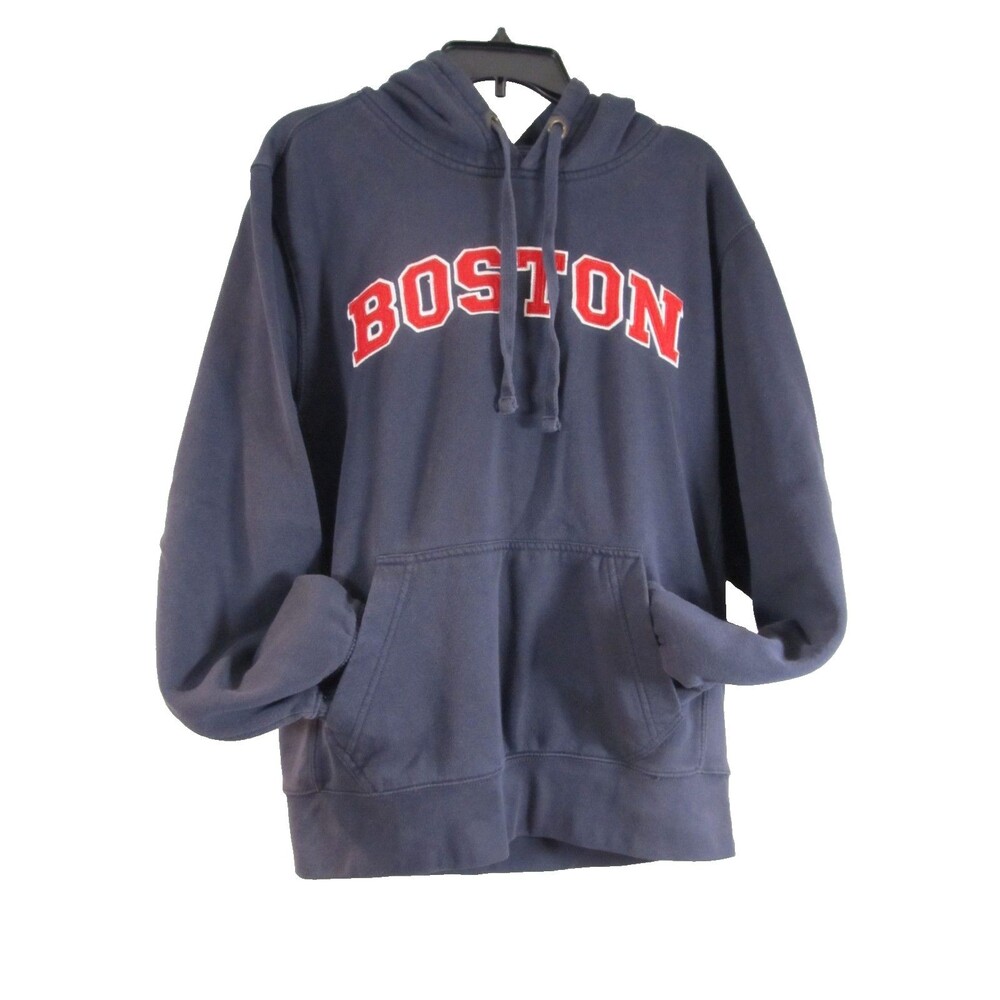 Grey Whale Boston Pullover Hoodie Navy Blue Red Spellout Sweatshirt Size M